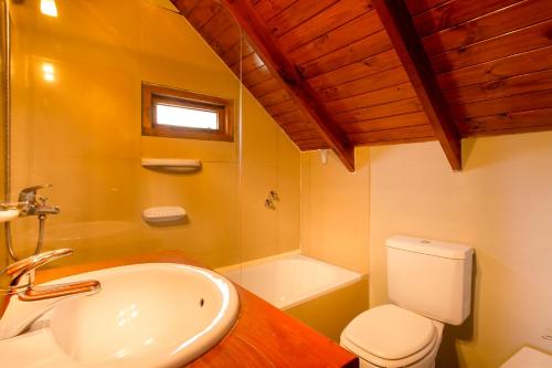 a bathroom with a white toilet and a sink at Complejo Casa Roja in Dina Huapi