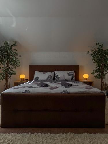 a bedroom with a large bed with two lamps on it at VillaH Weekend House in Visoko