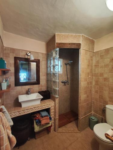 a bathroom with a sink and a shower at La Casa Azul Bullas in Bullas