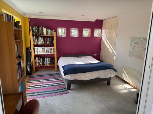 a bedroom with a bed and a purple wall at Casa Super Vista a los Andes in Santiago