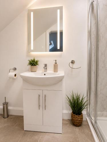 a white bathroom with a sink and a mirror at Charlettes Lodge in Cobh