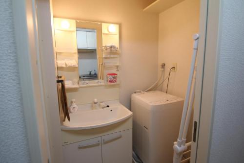 a bathroom with a sink and a toilet and a mirror at オンブラージュ九品寺203-無料駐車場付き-繁華街まで徒歩圏内-南向きで明るいワンルーム in Kumamoto