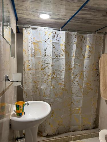 a bathroom with a sink and a shower curtain at Valle Encantado in Pantoja