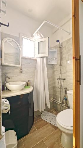 a bathroom with a sink and a toilet and a shower at Rooftop Treehouse - Hammam Sousse in Sousse