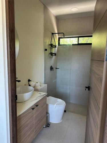 a bathroom with a sink and a toilet and a shower at Temptika Villa 1, New Property in Tempate