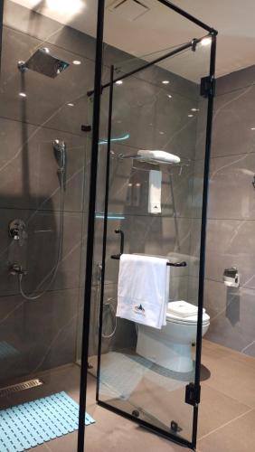 a bathroom with a glass shower with a toilet at Tshang RI in Thimphu