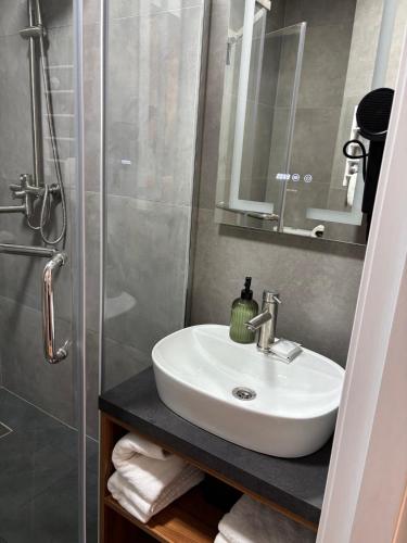 a bathroom with a sink and a shower at Hotel Femina in Zhytomyr