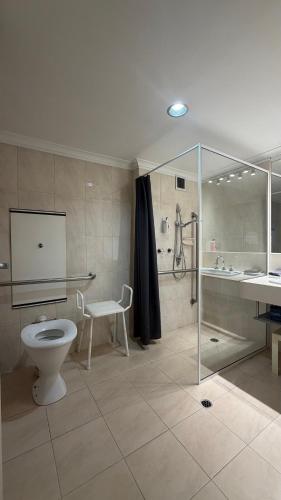 a bathroom with a toilet and a shower and a sink at City Reach Motel in Wangaratta
