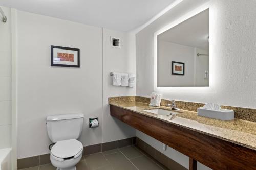 a bathroom with a sink and a toilet and a mirror at Comfort Suites Manassas Battlefield Park in Manassas