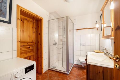 a bathroom with a shower and a sink and a toilet at Cattle Barn - leben auf dem Hof in Tröndel