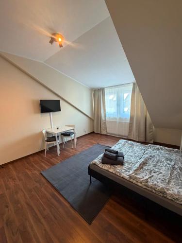 a bedroom with a bed and a desk with a television at N90 Living in Karlsruhe
