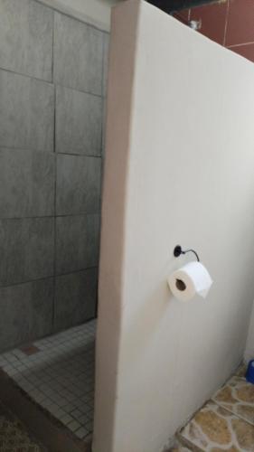 a bathroom with a roll of toilet paper on a wall at NGEBE Lodge jozini in Jozini
