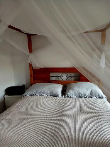 a bed with a canopy in a bedroom at Apartament Biała Przystań in Nowy Sącz