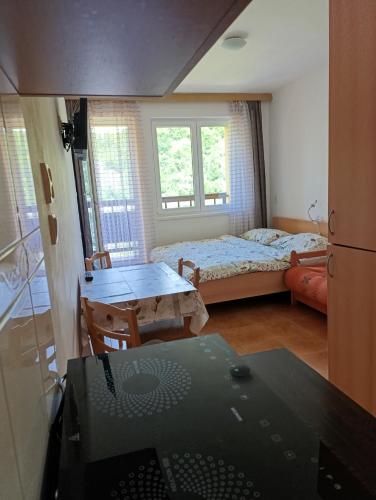 a room with a table and a bed and a dining room at Pod hradem Cornštejn in Oslnovice