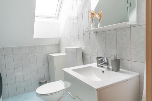 a white bathroom with a toilet and a sink at Apartments Saint Thomas in Selca