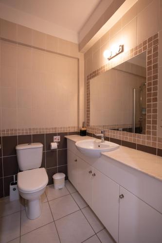 a bathroom with a toilet and a sink and a mirror at Cozy Apartment in Paphos Beautiful Complex in Paphos