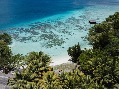 an aerial view of a beach with a boat in the water at Ratua Private Island Resort in Aimbuei Bay