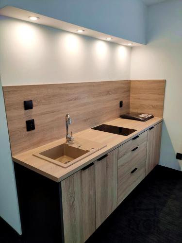 a kitchen counter with a sink in a room at Lyck Aparthotel in Ełk