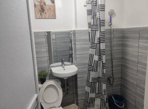 a bathroom with a sink and a toilet and a shower curtain at DVM Transient Inn by RedDoorz in Santo Tomas