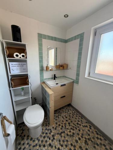 a bathroom with a toilet and a sink at Chambre safari individuelle avec partie commune A 6min de l A26 et 15 min de stOmer, lumbres et aire sur la lys in Ecques