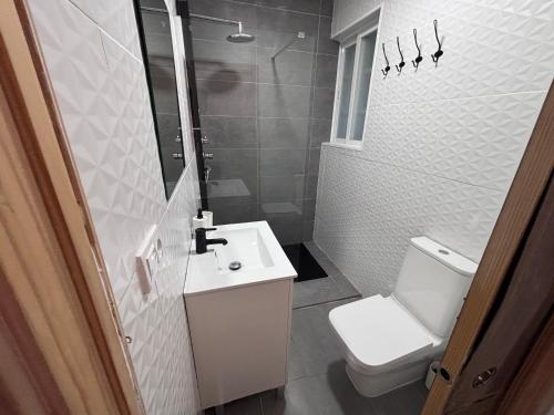 a bathroom with a white toilet and a sink at LA CUEVA DEL LOCO, Bretones 29 in Sanlúcar de Barrameda