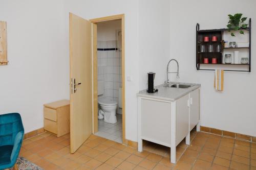 a bathroom with a toilet and a sink at Ferienwohnung Wildfang in Blankenburg