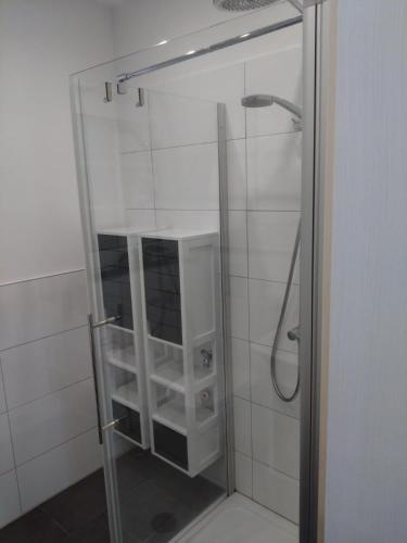 a shower with a glass door in a bathroom at Lucys Bungalow in Butjadingen