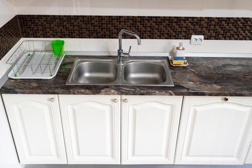 a kitchen counter with a sink and white cabinets at Sapphire Chalet - Moieciu de sus in Moieciu de Sus
