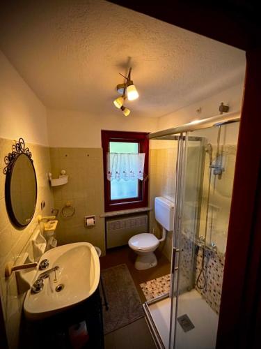 a bathroom with a sink and a toilet and a shower at Le Sapin 2 in Cogne