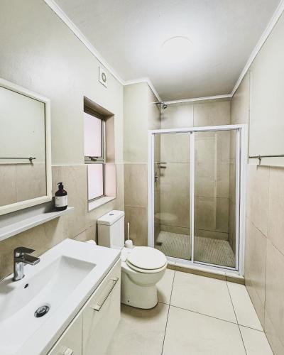a bathroom with a toilet and a shower and a sink at Zion on Mayfair in Cape Town