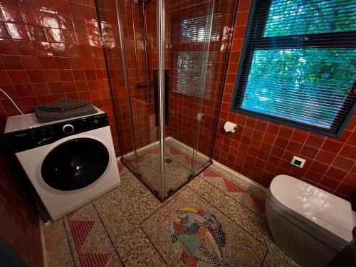 ein Badezimmer mit Dusche und Waschmaschine in der Unterkunft 0'Bama - Unique Upcycled Tiny House in Selgas