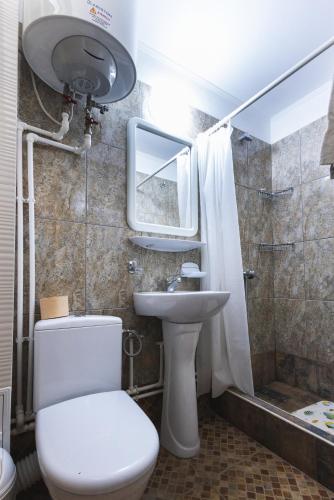 a bathroom with a toilet and a sink at Casa Galbena Paflora Saturn in Saturn
