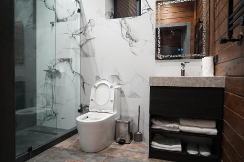 a bathroom with a toilet and a glass shower at Fayz Mount Residence in Chimgan