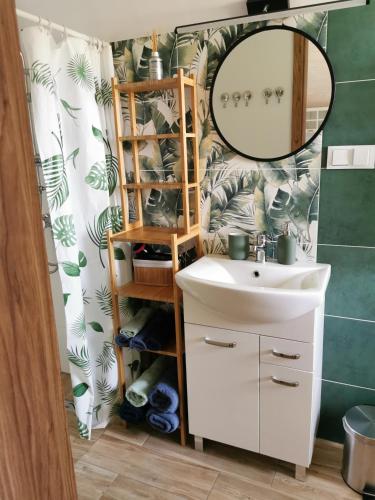 a bathroom with a sink and a mirror at Domki Jaśmin 781-012-181 in Polańczyk