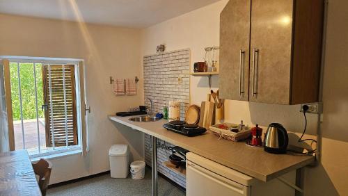 a kitchen with a counter with a sink and a window at Manötscherhof in Tires