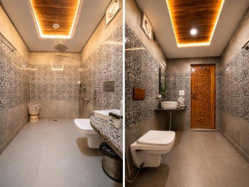 two pictures of a bathroom with two sinks and a toilet at Srichan Resorts in Pahalgām