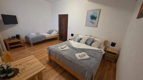 a bedroom with a bed and a couch and a television at Vila Araya Mlynica in Mlynica