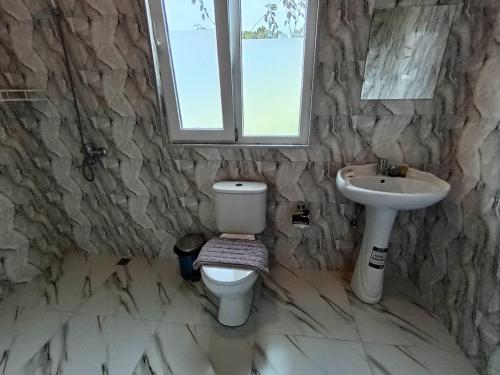 a stone bathroom with a toilet and a sink at Andrea's hays in Kobuleti