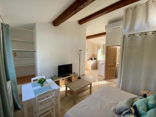a room with a bed and a tv and a table at Studio au 1er étage à la campagne in Callian