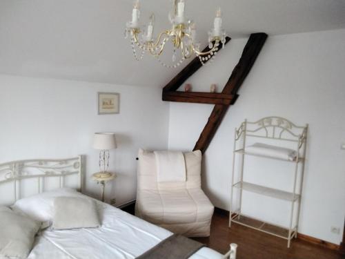 a bedroom with a bed and a chandelier at Chambre à la campagne in Saint-Eustache-la-Forêt