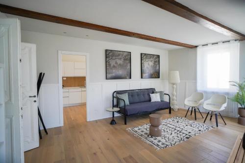 a living room with a blue couch and a rug at La Corte 27 - A in Sesto Calende