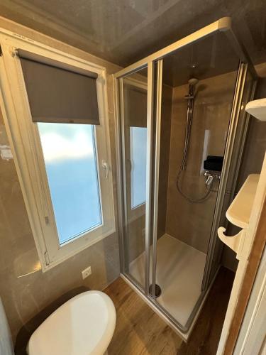 a bathroom with a toilet and a shower at BaseCamp Bonn in Bonn