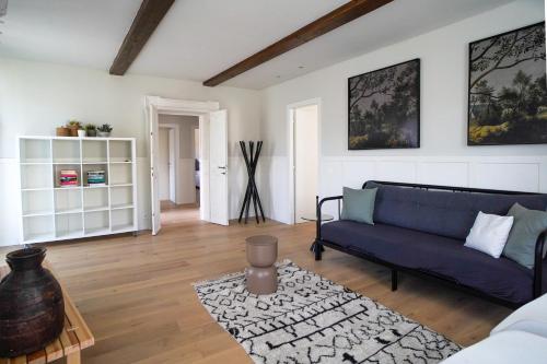 a living room with a blue couch and a rug at La Corte 27 - A in Sesto Calende