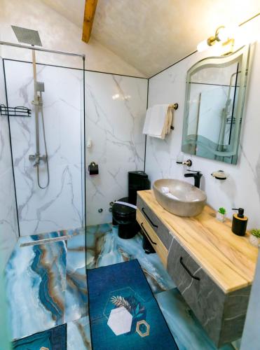 a bathroom with a sink and a glass shower at Casa Yachi Vama Veche in Vama Veche