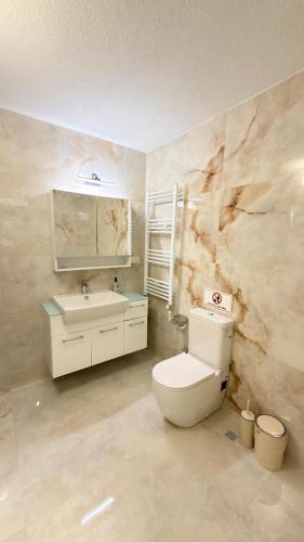 a bathroom with a toilet and a sink at BODRUM BURCU RESIDENCE, Magnificent Sea View, Cozy, Free Otopark, Free Wifi in Bodrum City