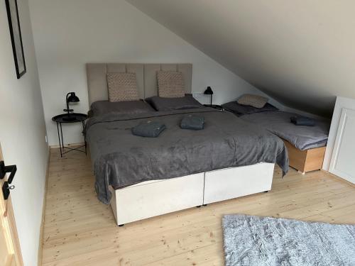 a bedroom with two beds in a attic at Harrachovský Chalet Gryf u sjezdovky in Ryžoviště
