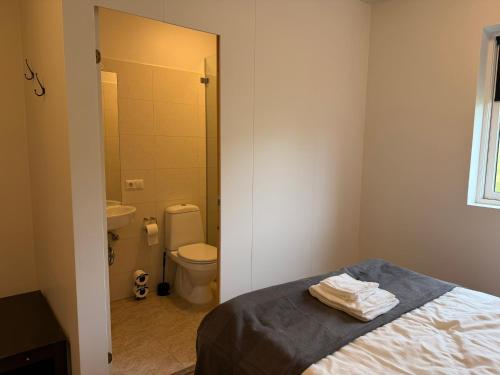 ein Schlafzimmer mit Bett und ein Badezimmer mit Toilette in der Unterkunft Stöð-INN in Stöðvarfjörður