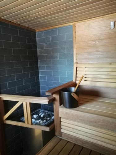 a sauna with a pot sitting on top of it at Hotelli Puustelli Lieksa in Lieksa
