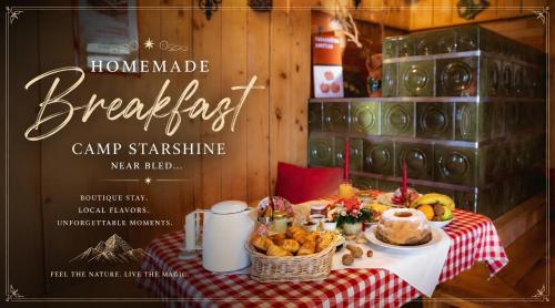 a flyer for a breakfast camp gathering with a table with food at Camp Starshine near Bled in Begunje na Gorenjskem