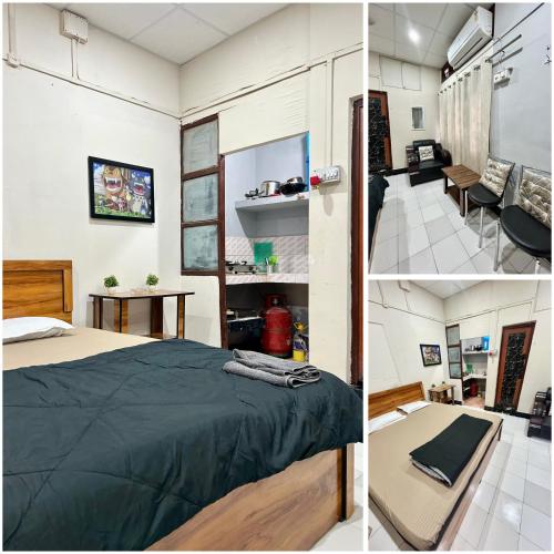 a bedroom and a room with a bed and a table at The Quiet corner 1RK Downtown in Guwahati